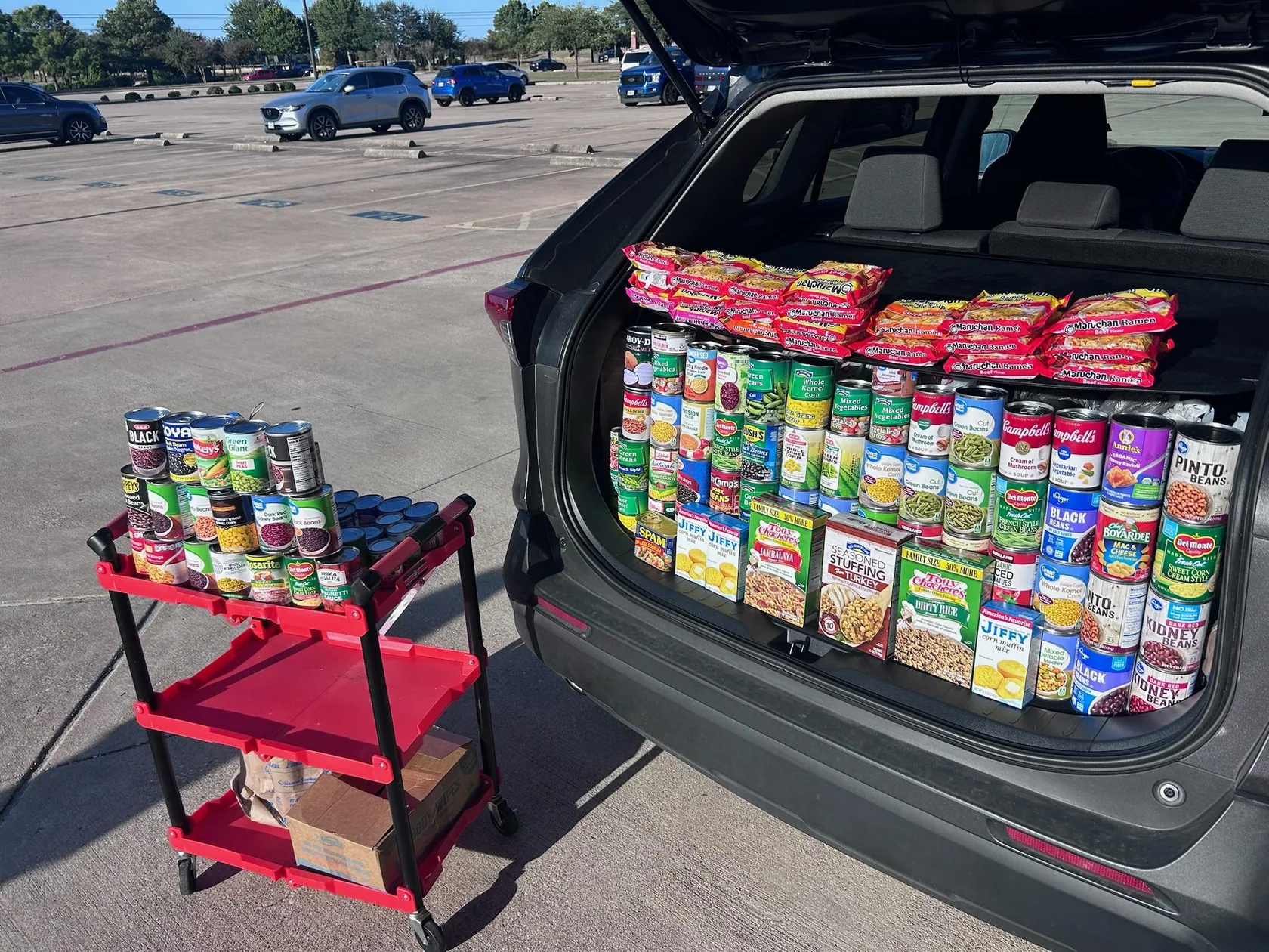 Food donation boxes and cans collected in a vehicle